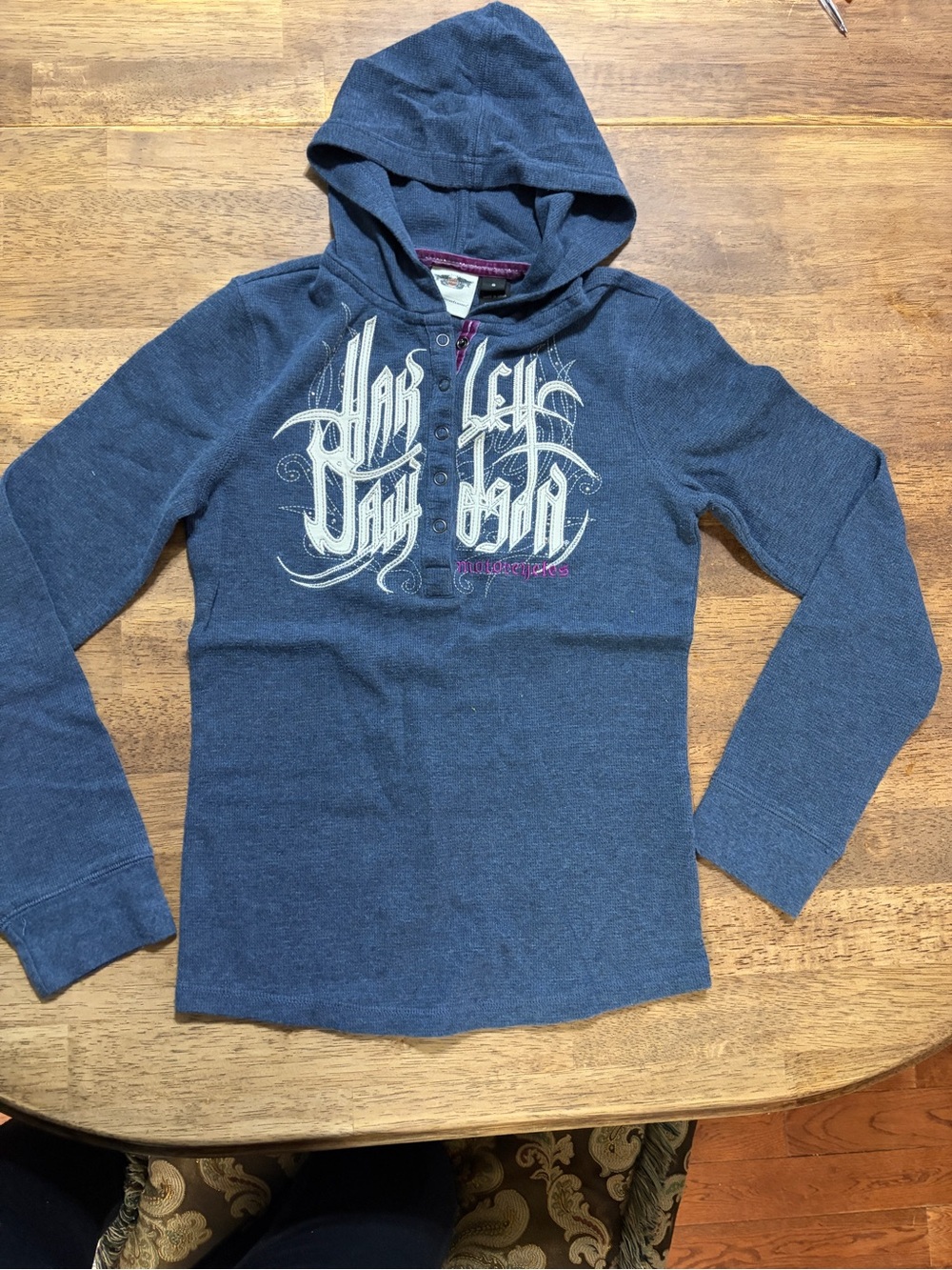 Harley-Davidson Blue Hooded Henley Sweatshirt with White Graphic